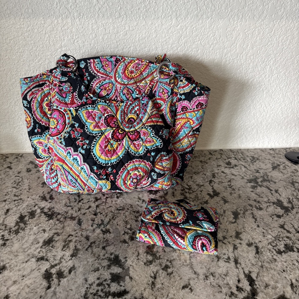 Vera Bradley Real Large Flowered  Tote Shoulder Bag, Daisy Inside With Wallet